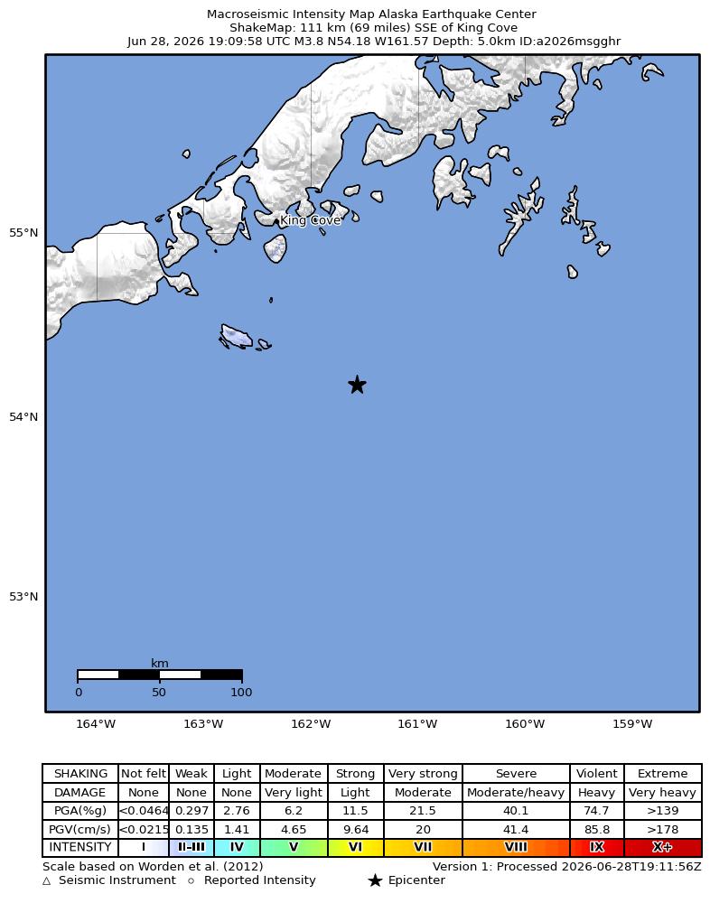 USGS ShakeMap intensity contours for the M3.3 earthquake near 95 km SSE of King Cove, Alaska