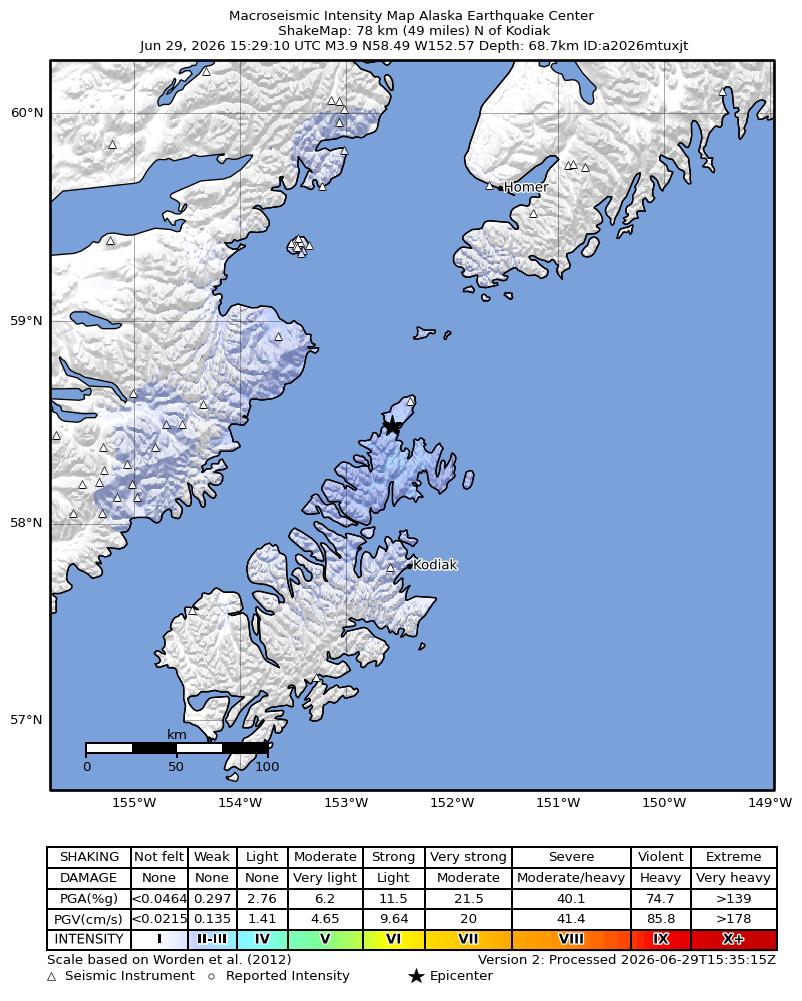 USGS ShakeMap intensity contours for the M3.9 earthquake near 51 km NNE of Aleneva, Alaska