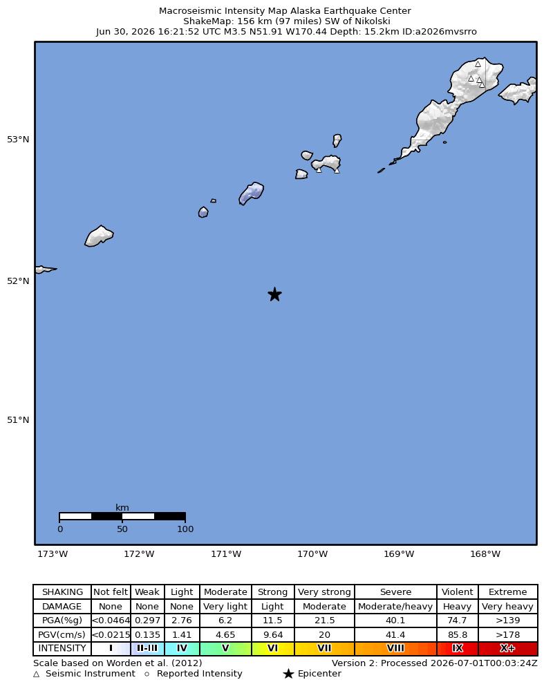 USGS ShakeMap intensity contours for the M3.5 earthquake near 157 km SW of Nikolski, Alaska