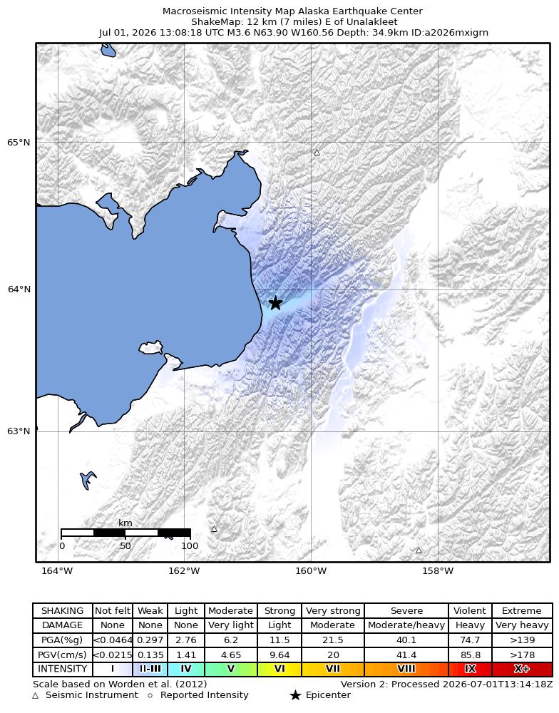 USGS ShakeMap intensity contours for the M3.6 earthquake near 11 km ENE of Unalakleet, Alaska