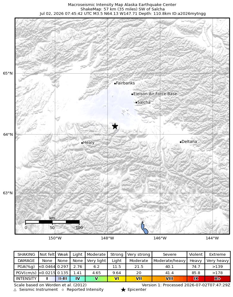 USGS ShakeMap intensity contours for the M3.5 earthquake near 63 km ENE of Healy, Alaska