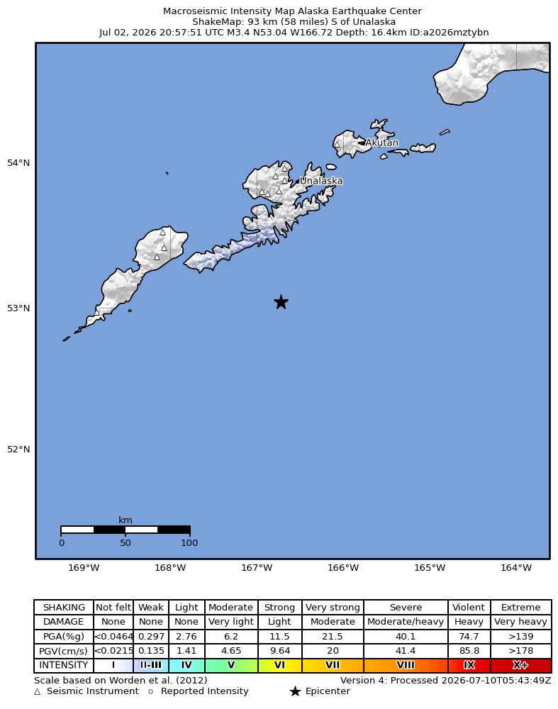 USGS ShakeMap intensity contours for the M3.2 earthquake near 87 km S of Unalaska, Alaska