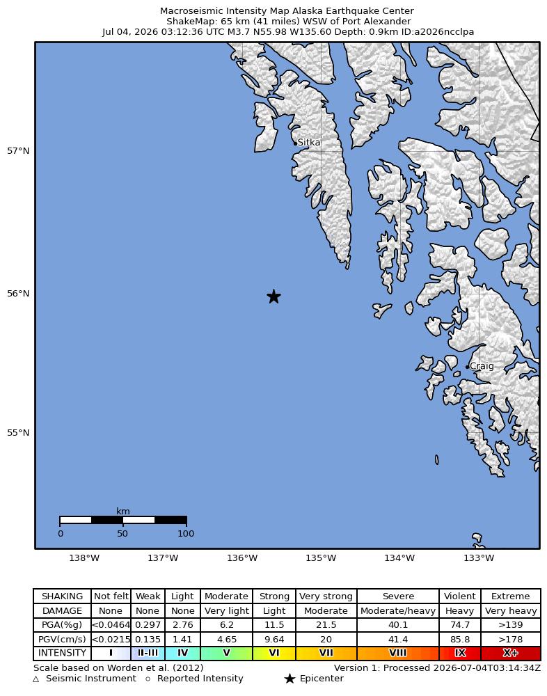 USGS ShakeMap intensity contours for the M3.8 earthquake near 66 km WSW of Port Alexander, Alaska