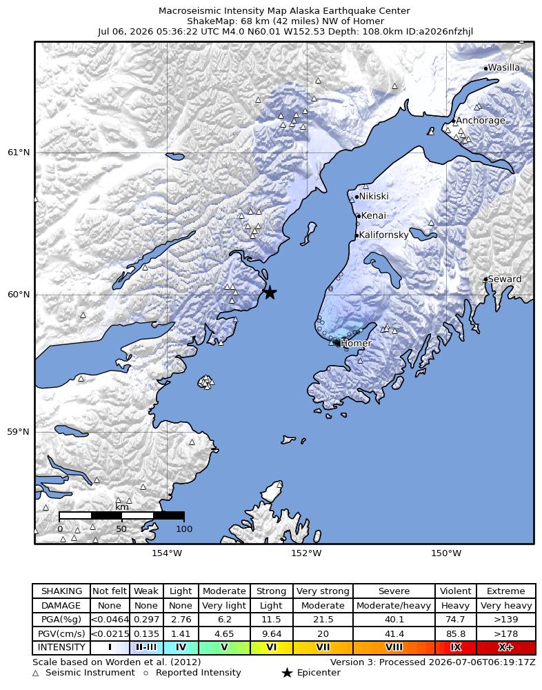 USGS ShakeMap intensity contours for the M4.0 earthquake near 44 km W of Happy Valley, Alaska