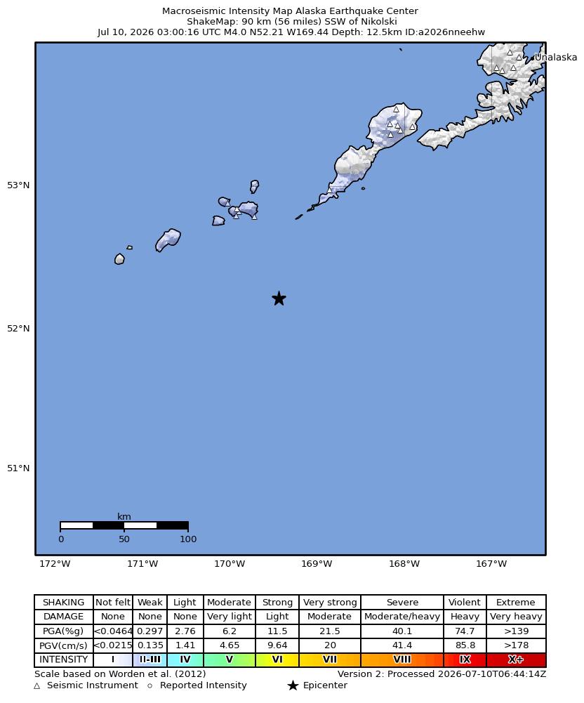 USGS ShakeMap intensity contours for the M4.0 earthquake near 89 km SSW of Nikolski, Alaska