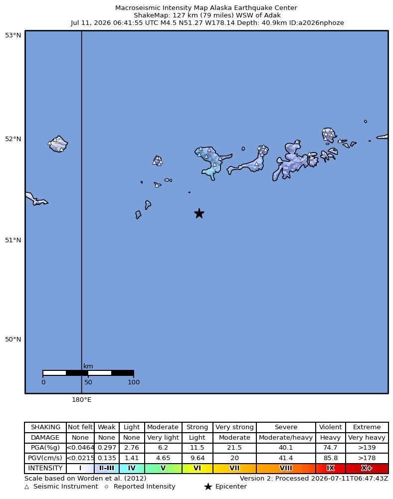 USGS ShakeMap intensity contours for the M4.3 earthquake near 115 km WSW of Adak, Alaska