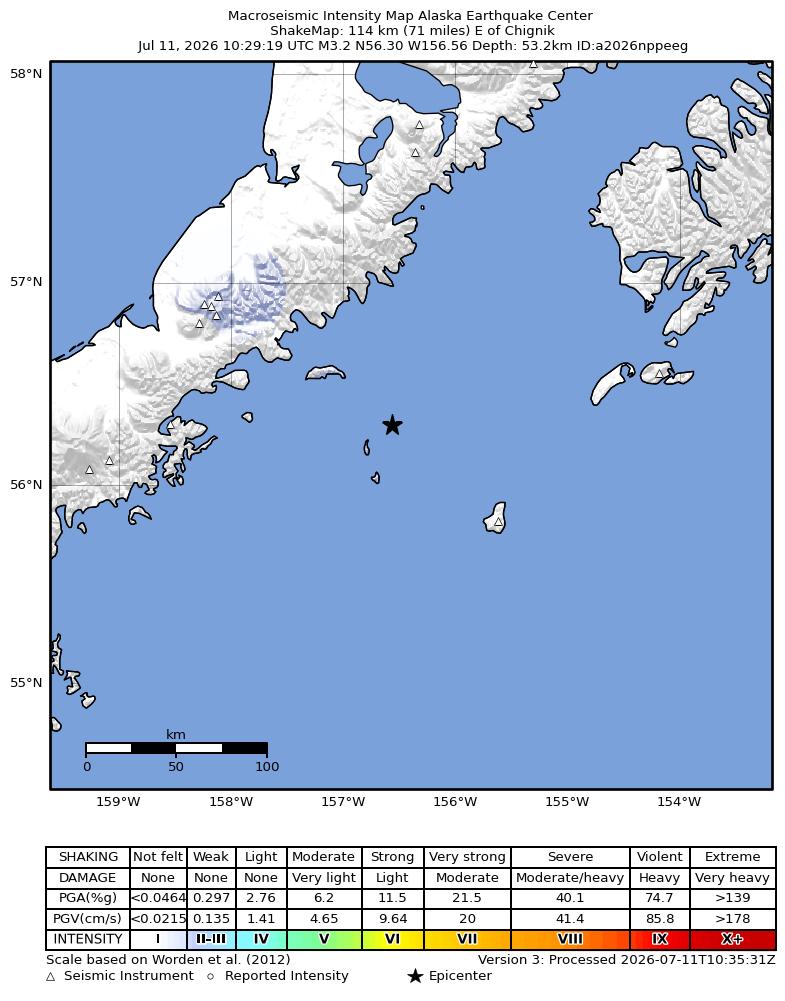 USGS ShakeMap intensity contours for the M3.3 earthquake near 113 km E of Chignik, Alaska
