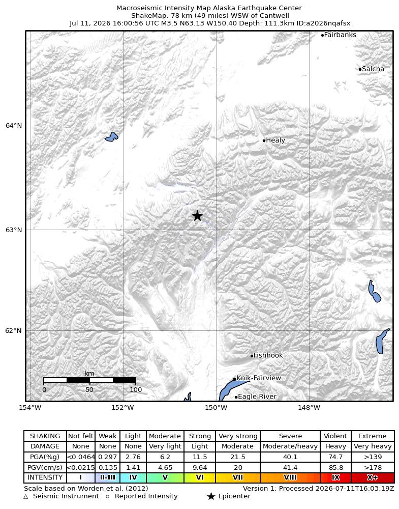 USGS ShakeMap intensity contours for the M3.5 earthquake near 73 km NNE of Petersville, Alaska