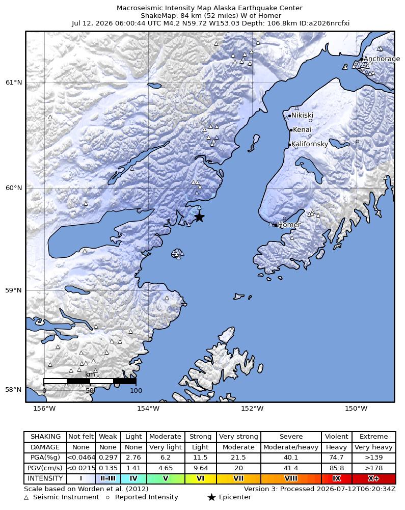 USGS ShakeMap intensity contours for the M4.2 earthquake near 61 km E of Pedro Bay, Alaska