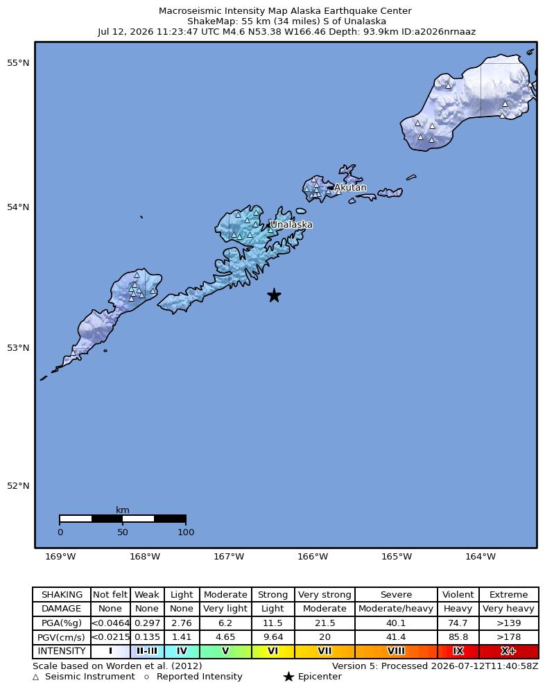 USGS ShakeMap intensity contours for the M4.5 earthquake near 27 km SSW of Unalaska, Alaska