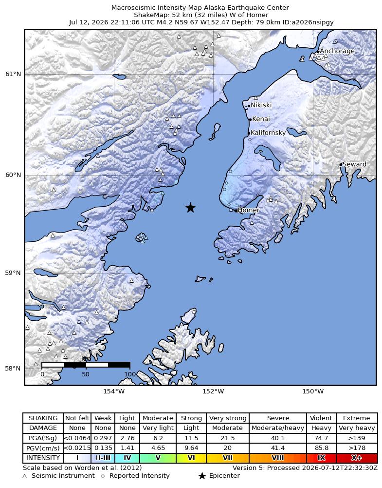 USGS ShakeMap intensity contours for the M4.2 earthquake near 37 km WSW of Anchor Point, Alaska