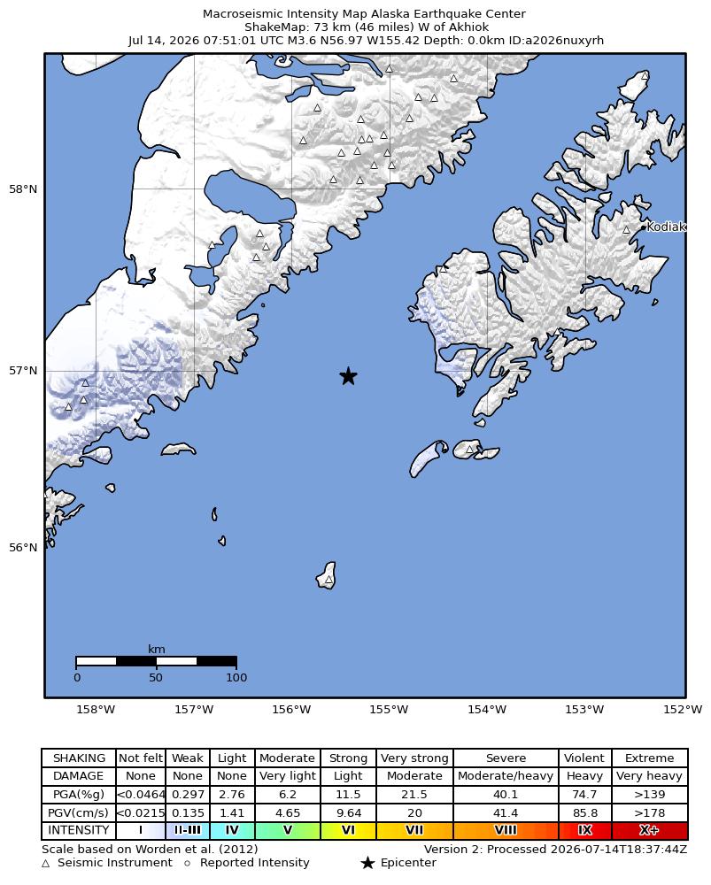 USGS ShakeMap intensity contours for the M3.8 earthquake near 80 km W of Akhiok, Alaska