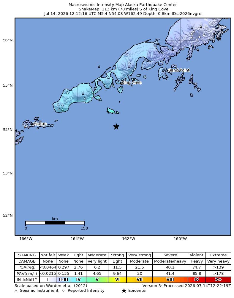USGS ShakeMap intensity contours for the M5.3 earthquake near 96 km SE of False Pass, Alaska