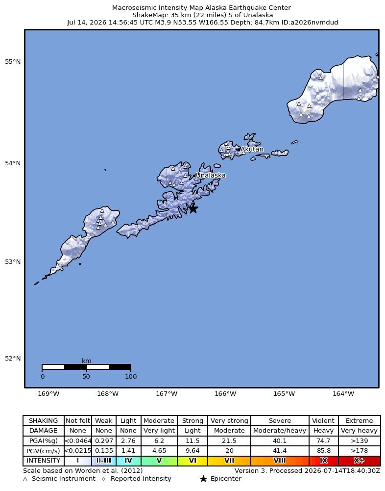 USGS ShakeMap intensity contours for the M3.8 earthquake near 42 km S of Unalaska, Alaska