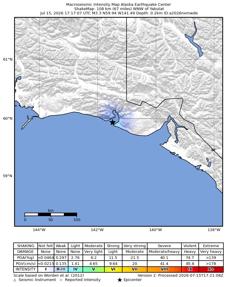 USGS ShakeMap intensity contours for the M3.3 earthquake near 108 km WNW of Yakutat, Alaska