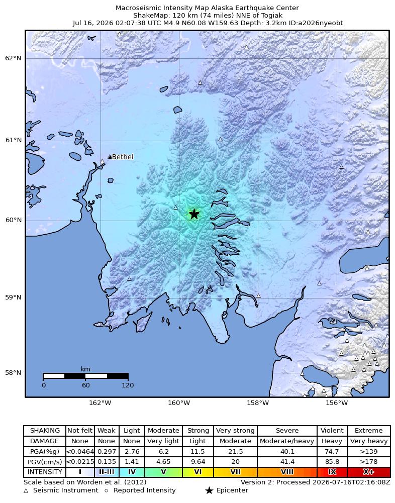 USGS ShakeMap intensity contours for the M4.9 earthquake near 106 km NNW of Aleknagik, Alaska