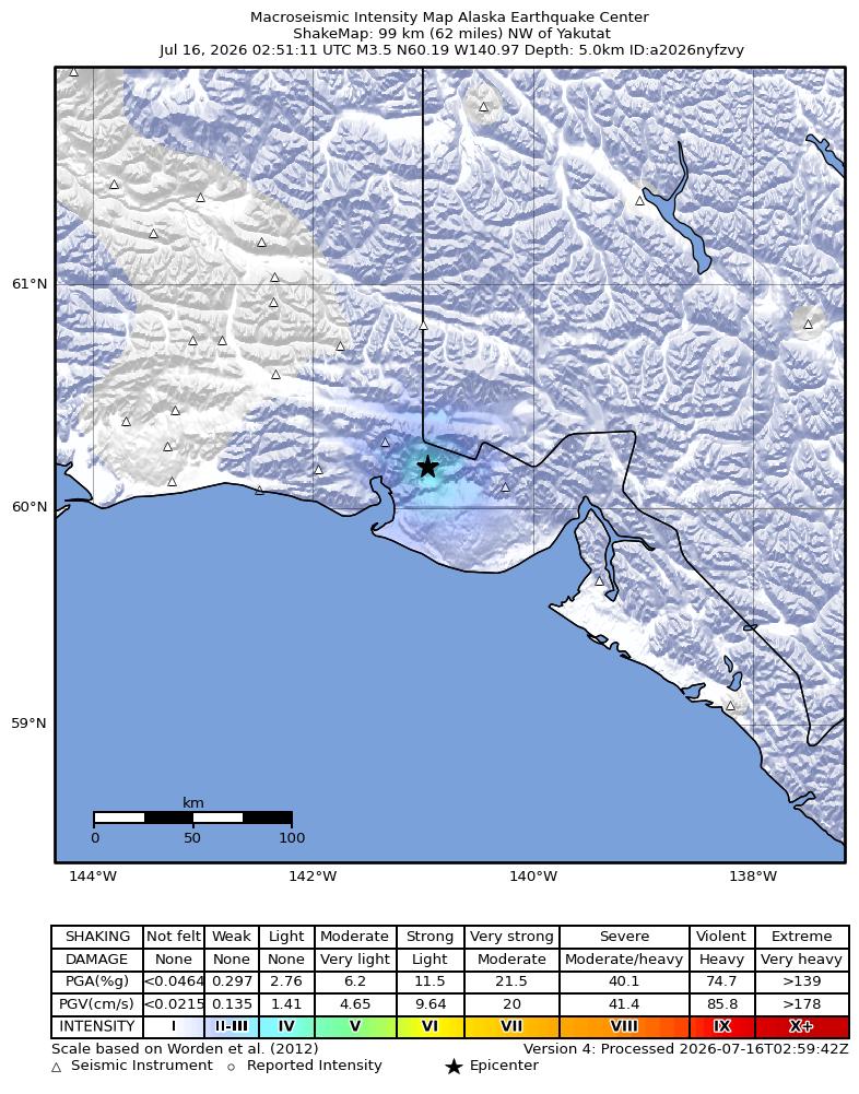 USGS ShakeMap intensity contours for the M3.5 earthquake near 99 km NW of Yakutat, Alaska