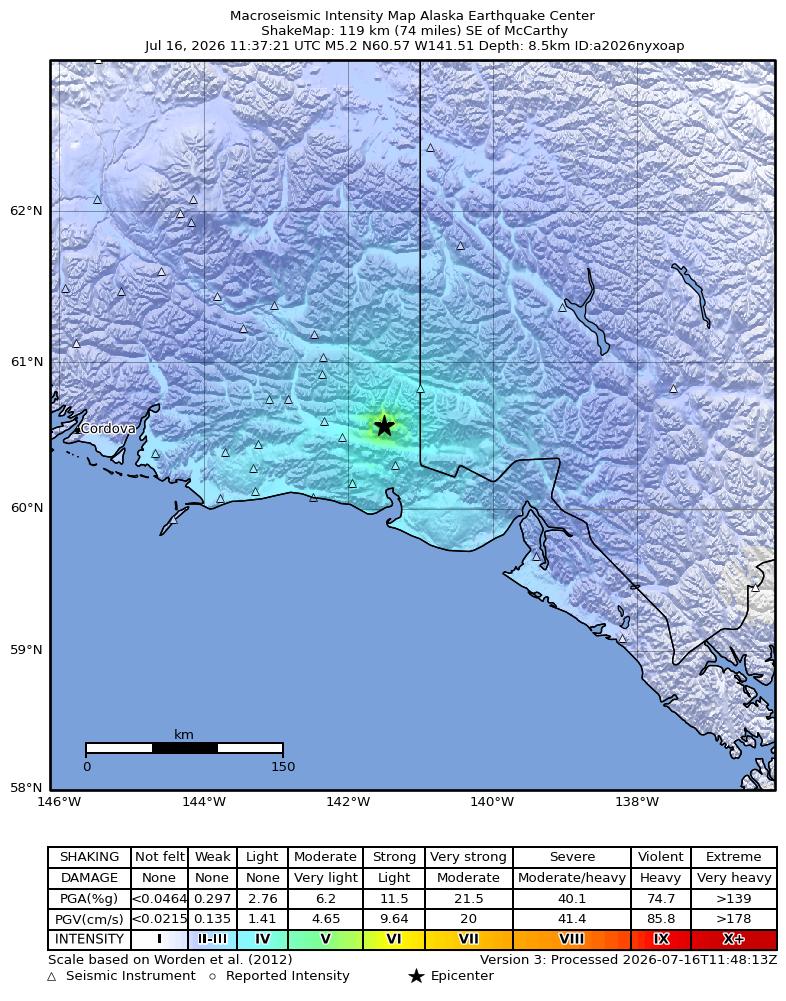 USGS ShakeMap intensity contours for the M5.2 earthquake near 122 km SE of McCarthy, Alaska