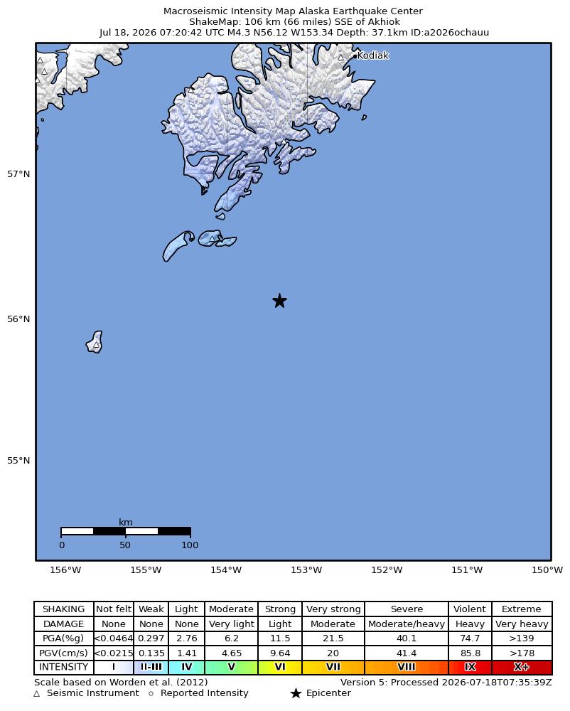 USGS ShakeMap intensity contours for the M4.3 earthquake near 104 km SSE of Akhiok, Alaska