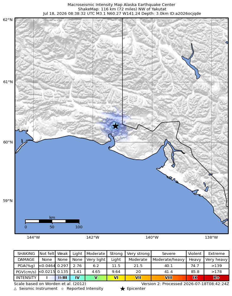 USGS ShakeMap intensity contours for the M3.1 earthquake near 116 km NW of Yakutat, Alaska