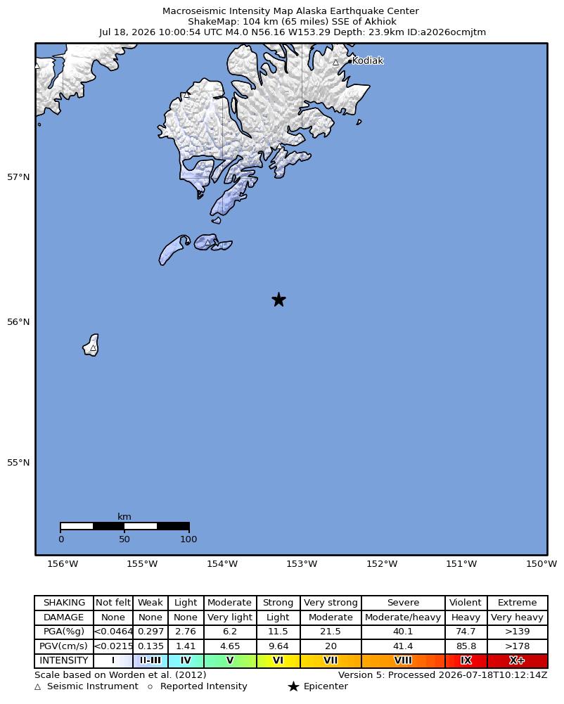 USGS ShakeMap intensity contours for the M4.0 earthquake near 102 km SSE of Akhiok, Alaska