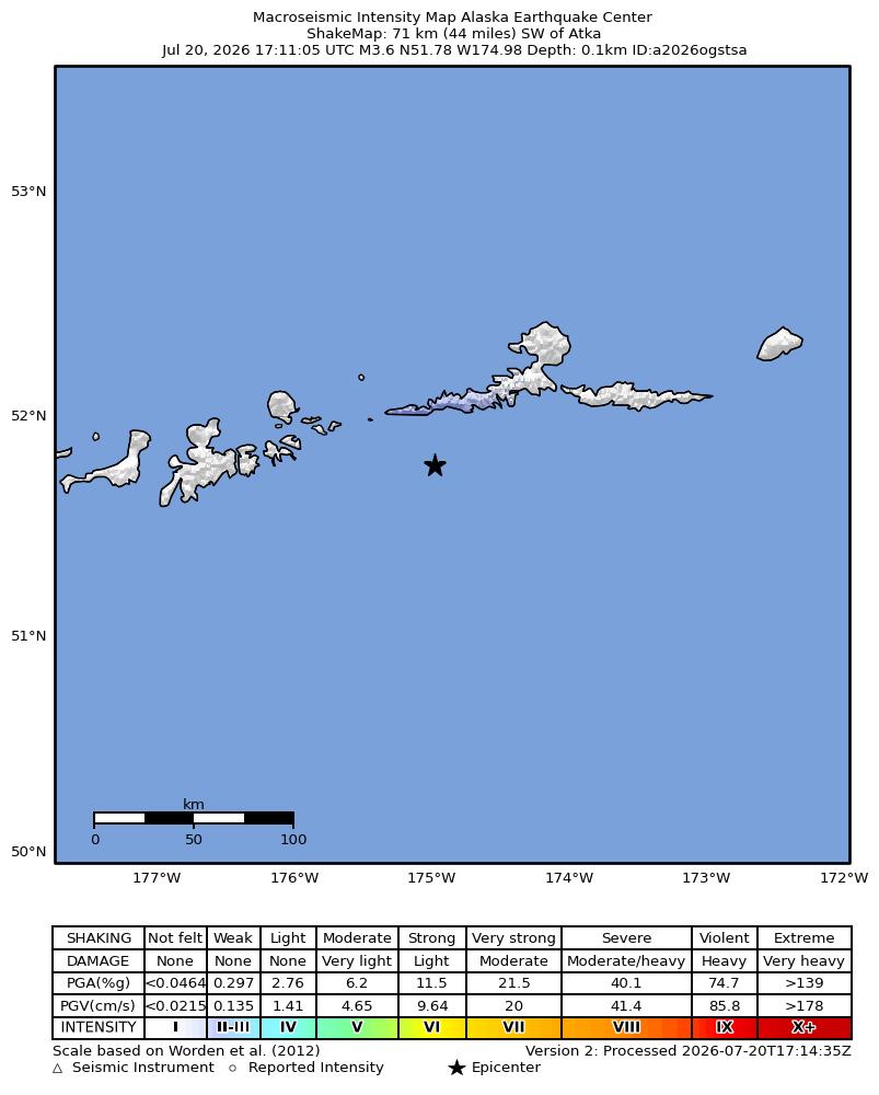 USGS ShakeMap intensity contours for the M3.4 earthquake near 69 km SW of Atka, Alaska