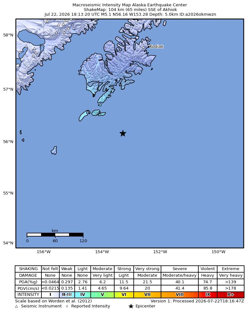 USGS ShakeMap intensity contours for the M4.9 earthquake near 96 km SSE of Akhiok, Alaska