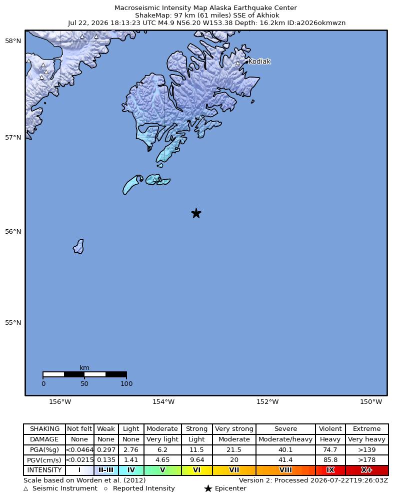 USGS ShakeMap intensity contours for the M4.9 earthquake near 96 km SSE of Akhiok, Alaska