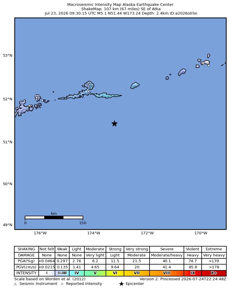 USGS ShakeMap intensity contours for the M5.1 earthquake near 98 km SE of Atka, Alaska