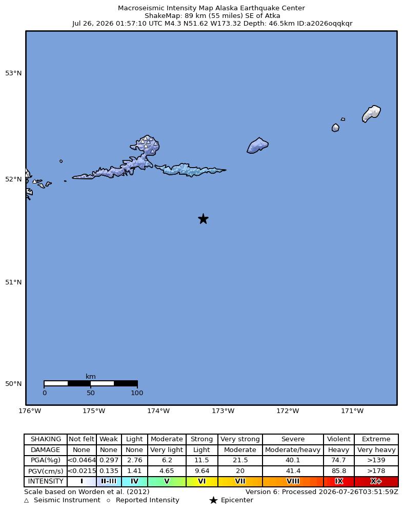 USGS ShakeMap intensity contours for the M4.1 earthquake near 80 km SE of Atka, Alaska