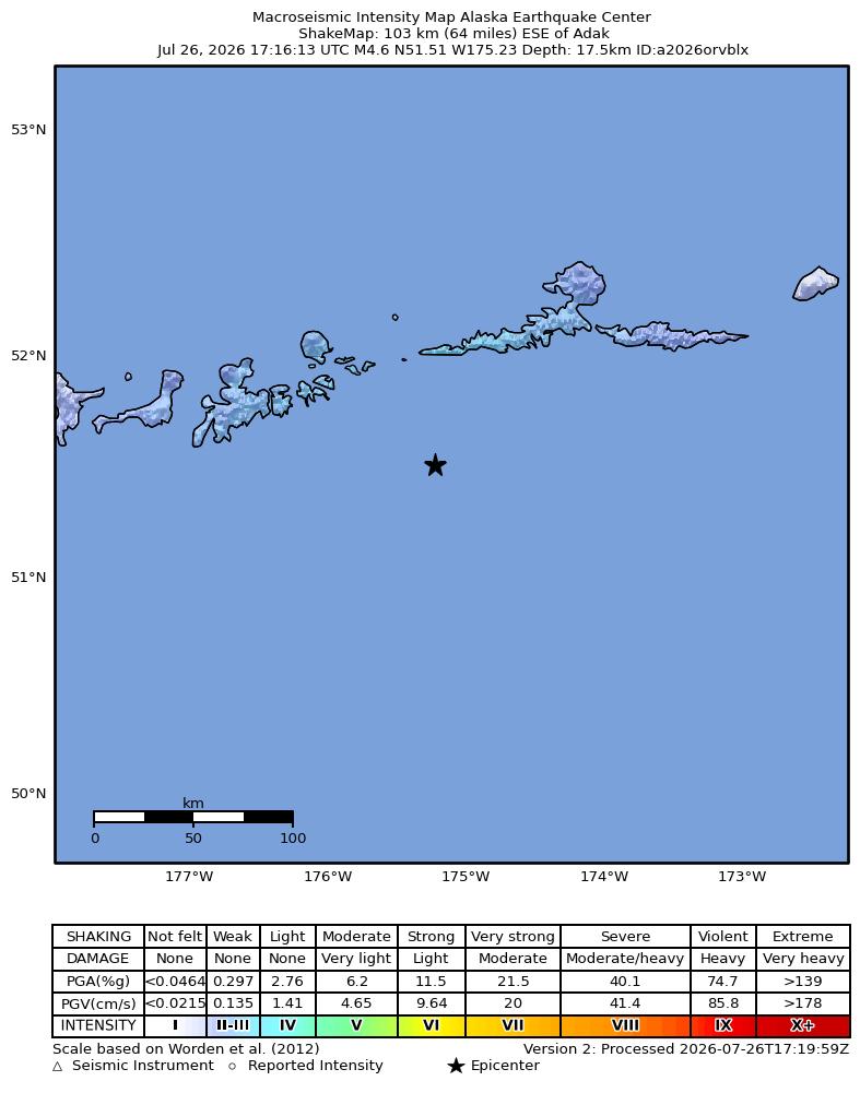 USGS ShakeMap intensity contours for the M3.9 earthquake near 112 km SW of Atka, Alaska