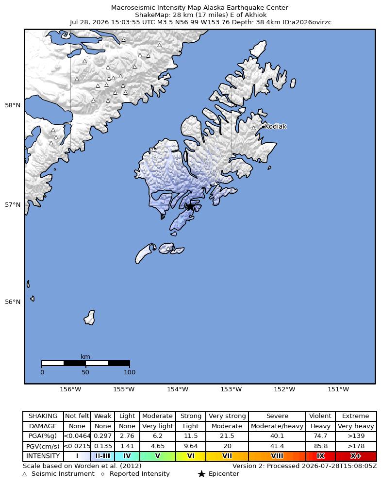 USGS ShakeMap intensity contours for the M3.5 earthquake near 25 km E of Akhiok, Alaska