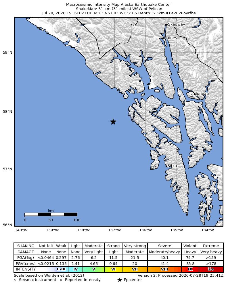 USGS ShakeMap intensity contours for the M3.3 earthquake near 50 km WSW of Pelican, Alaska
