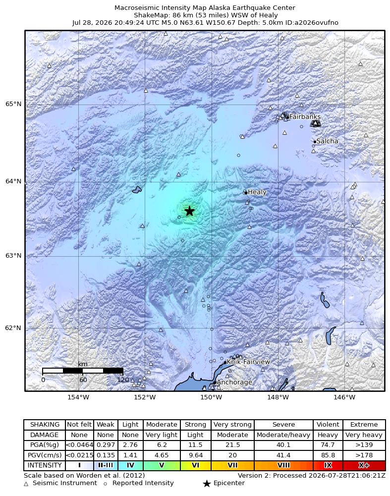 USGS ShakeMap intensity contours for the M5.0 earthquake near 52 km E of Denali National Park, Alaska