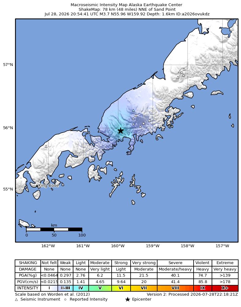 USGS ShakeMap intensity contours for the M3.7 earthquake near 28 km WNW of Ivanof Bay, Alaska