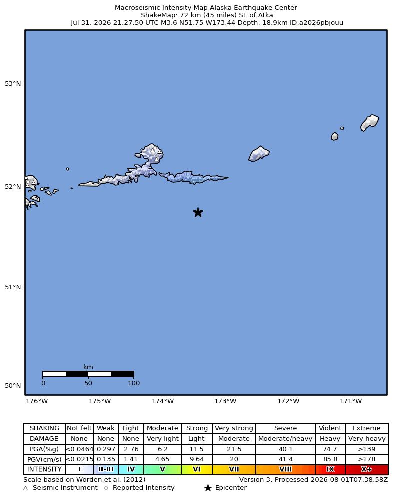 USGS ShakeMap intensity contours for the M3.6 earthquake near 72 km SE of Atka, Alaska