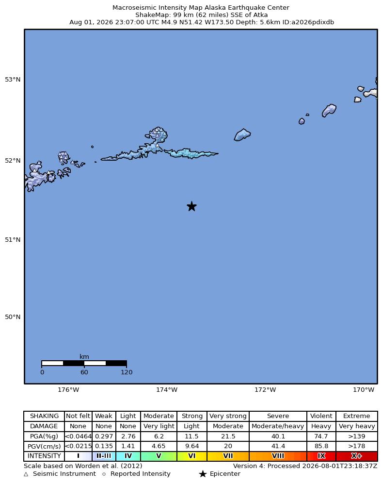 USGS ShakeMap intensity contours for the M4.9 earthquake near 83 km SSE of Atka, Alaska