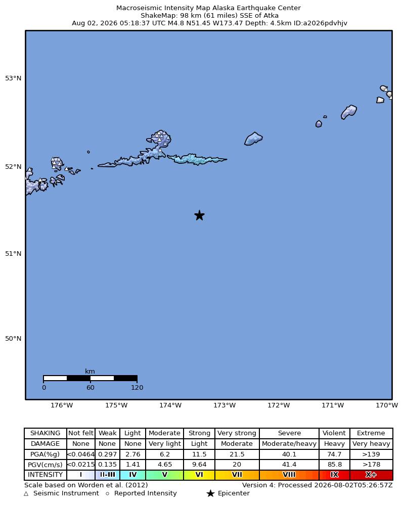 USGS ShakeMap intensity contours for the M4.8 earthquake near 77 km SE of Atka, Alaska