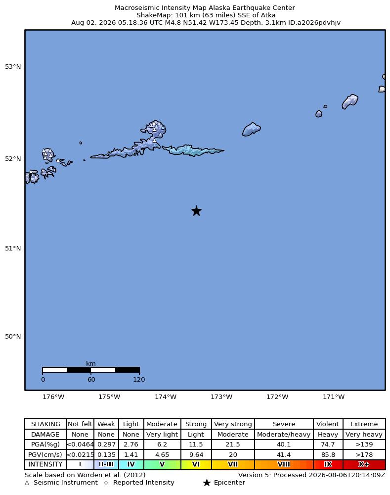 USGS ShakeMap intensity contours for the M4.8 earthquake near 82 km SE of Atka, Alaska