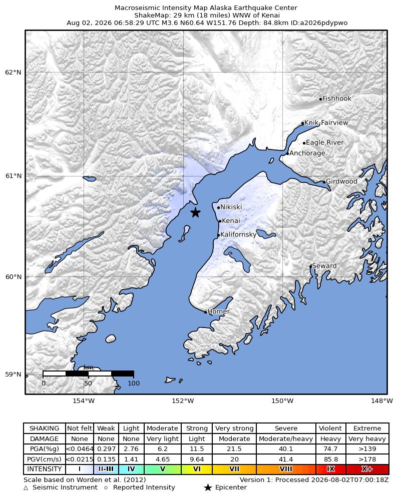 USGS ShakeMap intensity contours for the M3.5 earthquake near 20 km W of Salamatof, Alaska