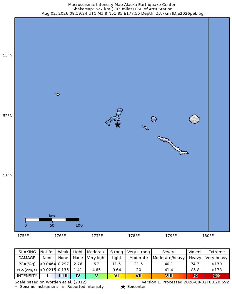 USGS ShakeMap intensity contours for the M3.9 earthquake near 229 km ESE of Attu Station, Alaska