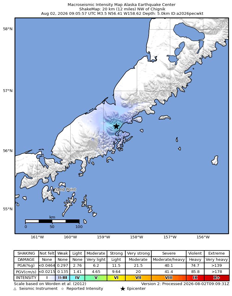 USGS ShakeMap intensity contours for the M3.5 earthquake near 13 km NNW of Chignik Lagoon, Alaska