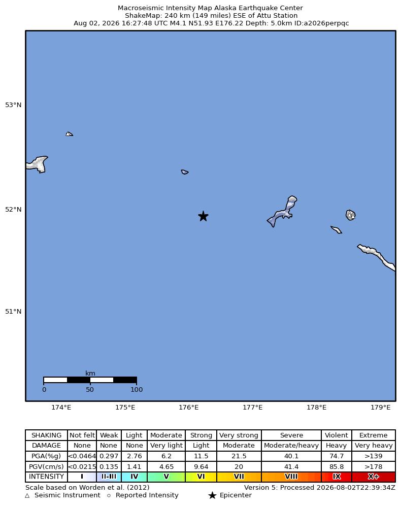 USGS ShakeMap intensity contours for the M4.1 earthquake near 230 km ESE of Attu Station, Alaska