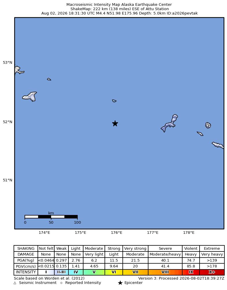 USGS ShakeMap intensity contours for the M4.3 earthquake near 229 km ESE of Attu Station, Alaska
