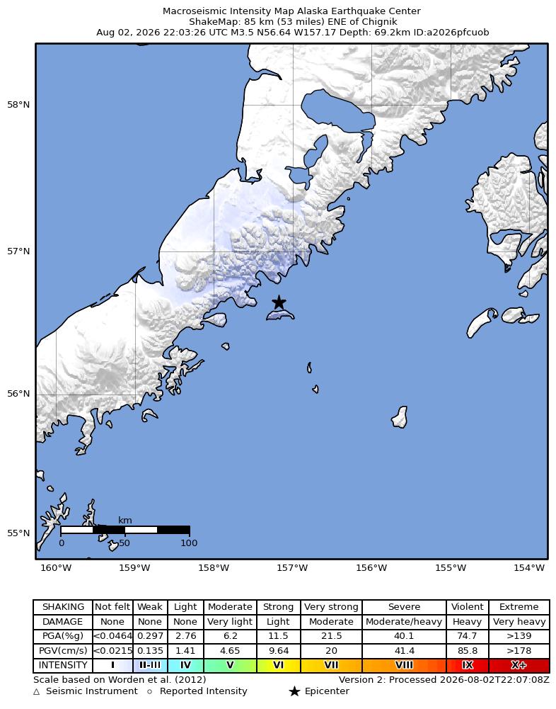 USGS ShakeMap intensity contours for the M3.5 earthquake near 85 km ENE of Chignik, Alaska