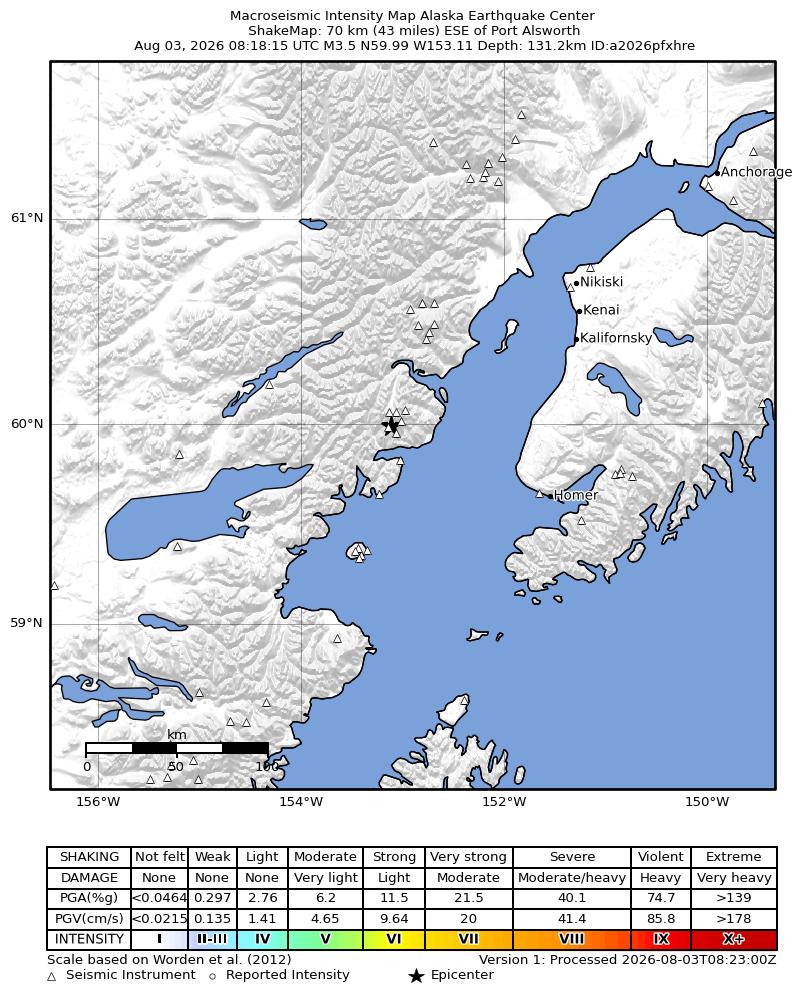 USGS ShakeMap intensity contours for the M3.5 earthquake near 60 km ENE of Pedro Bay, Alaska