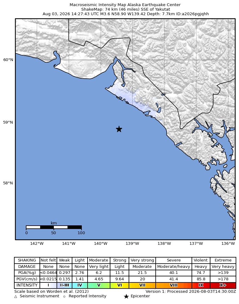 USGS ShakeMap intensity contours for the M3.6 earthquake near 74 km SSE of Yakutat, Alaska