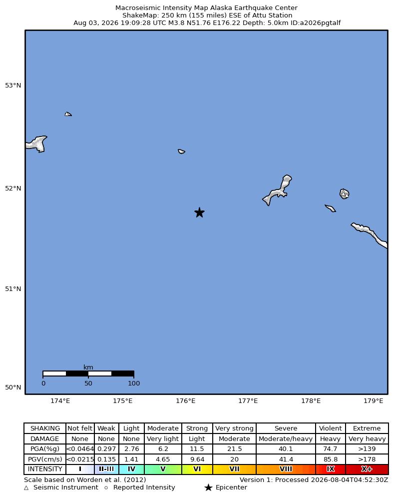 USGS ShakeMap intensity contours for the M3.8 earthquake near 239 km ESE of Attu Station, Alaska
