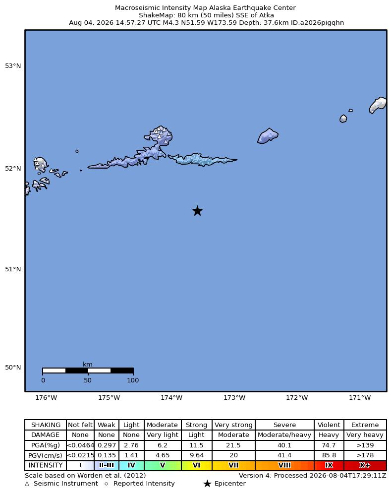 USGS ShakeMap intensity contours for the M4.3 earthquake near 79 km SSE of Atka, Alaska