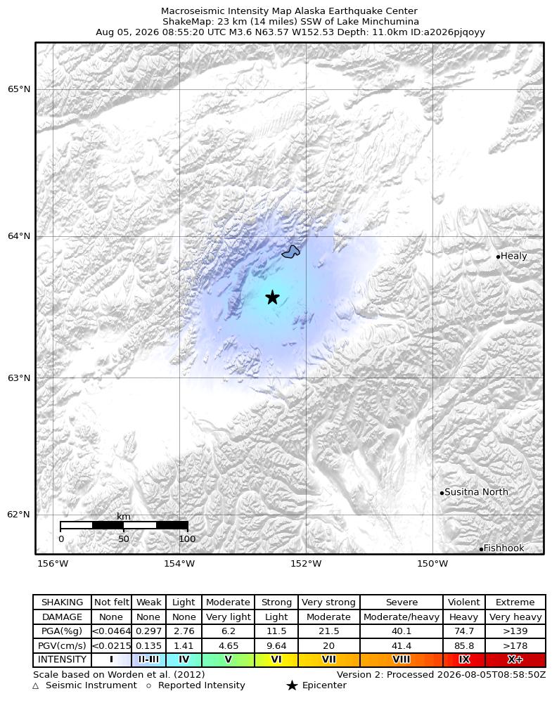 USGS ShakeMap intensity contours for the M3.6 earthquake near 36 km SSW of Lake Minchumina, Alaska